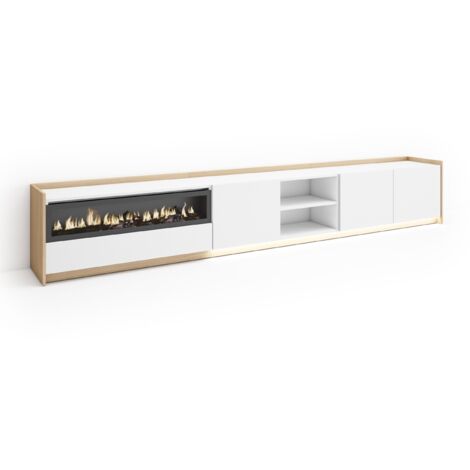 Skraut Home - Mobile TV Soggiorno, Ampio spazio a disposizione, 310x37x50cm, Per TV fino a 80", Camino elettrico, LED, Stile moderno, Bianco e Rovere soft