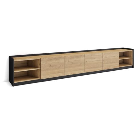 Skraut Home - Mobile TV Soggiorno, Ampio spazio a disposizione, 310x37x50cm, Per TV fino a 80", Mobile Soggiorno, Stile moderno, Rovere e nero
