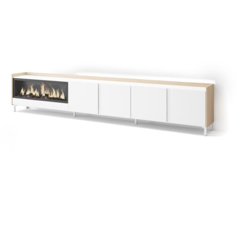 Skraut Home - Mobile TV Soggiorno, Ampio spazio a disposizione, 315x35x61cm, Per TV fino a 80", Camino elettrico XXL, Design industriale, LED, Stile moderno, Bianco e Rovere soft