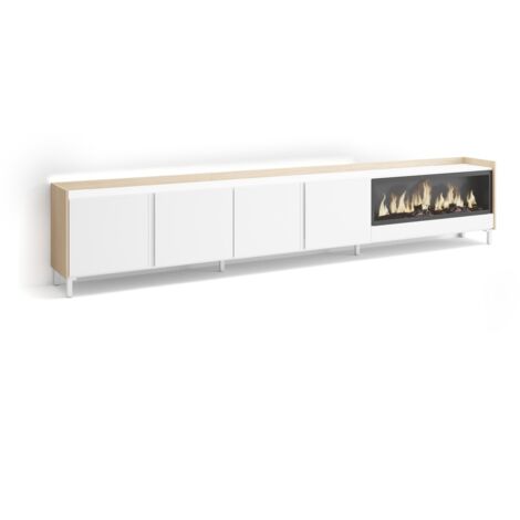 Skraut Home - Mobile TV Soggiorno, Ampio spazio a disposizione, 315x35x61cm, Per TV fino a 80", Camino elettrico XXL, Design industriale, LED, Stile moderno, Bianco e Rovere soft