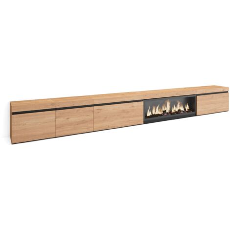 Skraut Home - Mobile TV Soggiorno, Ampio spazio a disposizione, 368x45x35, Camino elettrico XXL, Stile moderno, Rovere