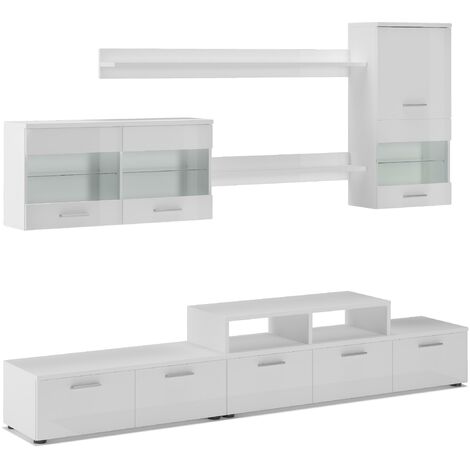Skraut Home - Mobili TV Parete da Soggiorno e pranzo contemporaneo con illuminazione a LED , Bianco Mate e Bianco Laccato, dimensioni: 250 x 194 x 42 cm di profondità.