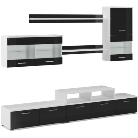 Skraut Home - Möbel TV - Möbel set- Glanzlack Wohnwand, Wohnzimmerschrank, Anbauwand, Esszimmer mit LEDs, weiß matt und schwarz lackiert, 250x194x42cm