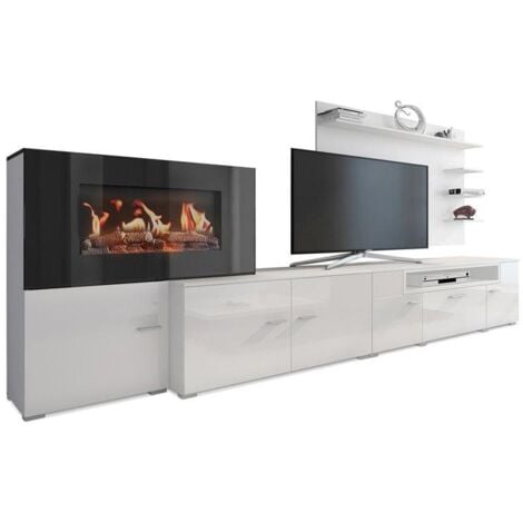 Skraut Home - Mueble salón comedor con chimenea eléctrica con 5 niveles de llama, acabado Blanco Mate y Blanco Brillo Lacado, medidas: 290 x 170 x 45 cm de fondo