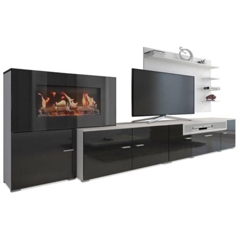 Skraut Home - Mueble salón comedor con chimenea eléctrica con 5 niveles de llama, acabado Blanco Mate y Roble claro cepillado, medidas: 290 x 170 x 45 cm de fondo