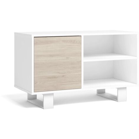 Skraut Home - Mueble TV 100 con puerta izquierda, salón comedor, Modelo WIND, color estructura Blanco, color puerta Roble, medidas 95x40x57cm de altura.
