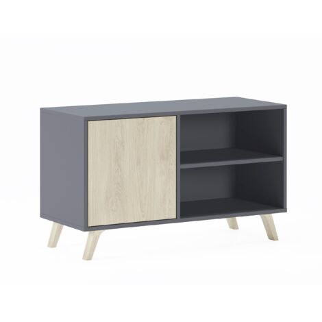 Skraut Home - Mueble TV 100 con puerta izquierda, salón comedor, Modelo WIND, color estructura Gris Antracita, color puerta Roble, medidas 95x40x57cm de altura.