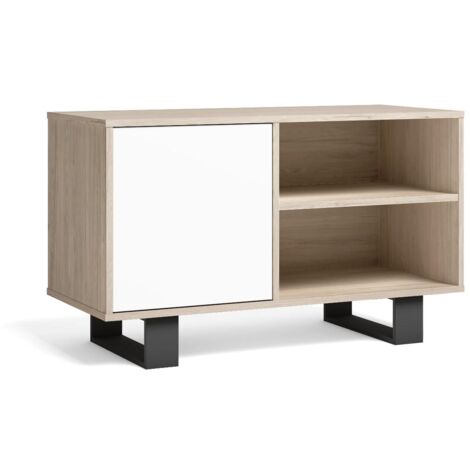 Skraut Home - Mueble TV 100 con puerta izquierda, salón comedor, Modelo WIND, color estructura Roble, color puerta Blanco, medidas 95x40x57cm de altura.