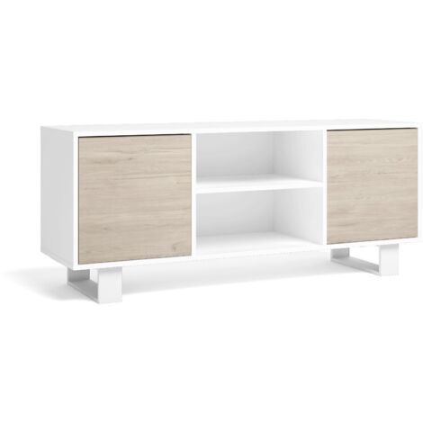 Skraut Home - Mueble TV 140 con 2 puertas, salón comedor, Modelo WIND, color estructura Blanco, color puertas Roble, medidas 137x40x57cm de altura.