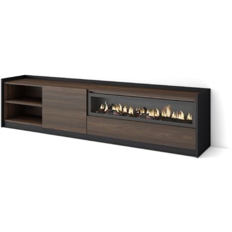 Skraut Home - Mueble TV, Televisión, 207x37x50cm, Para TV hasta 80", Chimenea eléctrica, Roble oscuro y Negro