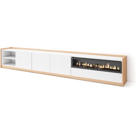 Skraut Home - Mueble TV, Televisión, 310x37x50cm, Para TV hasta 80", Chimenea eléctrica, Blanco y roble soft