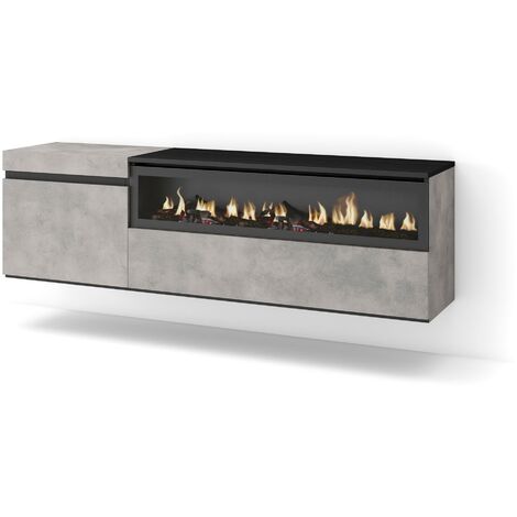 Skraut Home - Mueble TV, Televisión, Muebles de salón, almacenaje, 150x45x35cm, Para TV hasta 65", Chimenea eléctrica, Colgado, Suspendido, Estilo Moderno, Gris Cemento