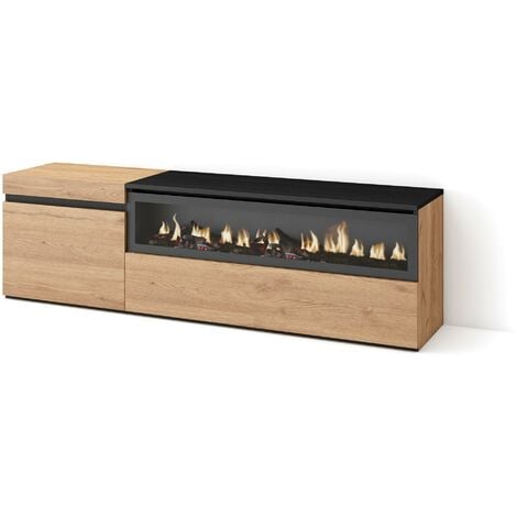 Skraut Home - Mueble TV, Televisión, Muebles de salón, almacenaje, 150x45x35cm, Para TV hasta 65", Chimenea eléctrica, Estilo Moderno, Roble y negro