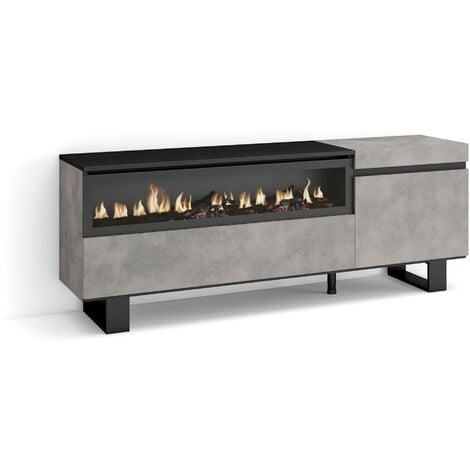 Skraut Home - Mueble TV, Televisión, Muebles de salón, almacenaje, 150x57x35cm, Para TV hasta 65", Chimenea eléctrica, Diseño industrial, Estilo Moderno, Gris Cemento