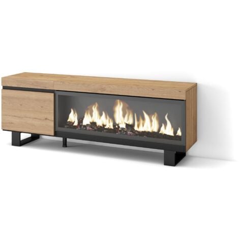 Skraut Home - Mueble TV , Televisión , Muebles de salón, almacenaje , 160 , Para TV hasta 65" , Chimenea eléctrica XXL , Diseño industrial , Estilo Moderno , Roble