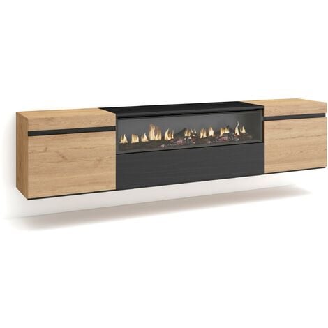 Skraut Home - Mueble TV , Televisión , Muebles de salón, almacenaje , 200x45x35cm , Para TV hasta 80" , Chimenea eléctrica , Colgado, Suspendido , Estilo Moderno , Roble y negro