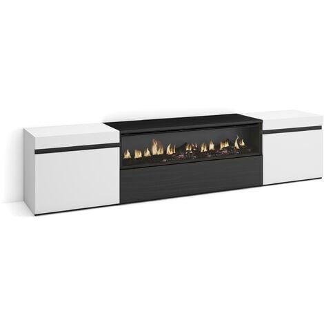 Skraut Home - Mueble TV , Televisión , Muebles de salón, almacenaje , 200x45x35cm , Para TV hasta 80" , Chimenea eléctrica , Estilo Moderno , Blanco y negro