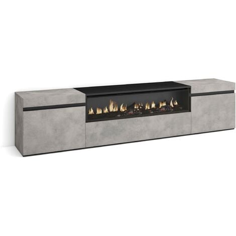 Skraut Home - Mueble TV, Televisión, Muebles de salón, almacenaje, 200x45x35cm, Para TV hasta 80", Chimenea eléctrica, Estilo Moderno, Gris Cemento