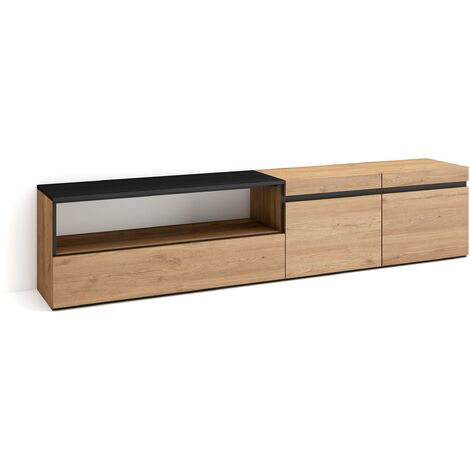 Skraut Home - Mueble TV, Televisión, Muebles de salón, almacenaje, 200x45x35cm, Para TV hasta 80", Con almacenamiento, Estilo Moderno, Roble y negro
