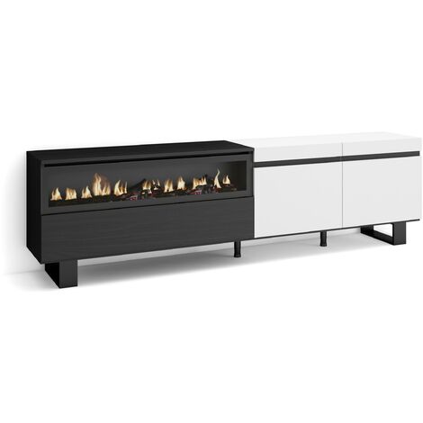 Skraut Home - Mueble TV, Televisión, Muebles de salón, almacenaje, 200x57x35cm, Para TV hasta 80", Chimenea eléctrica, Diseño industrial, Estilo Moderno, Blanco y negro