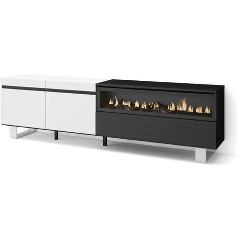 Skraut Home - Mueble TV, Televisión, Muebles de salón, almacenaje, 200x57x35cm, Para TV hasta 80", Chimenea eléctrica, Diseño industrial, Estilo Moderno, Blanco y negro