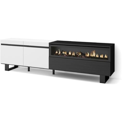 Skraut Home - Mueble TV, Televisión, Muebles de salón, almacenaje, 200x57x35cm, Para TV hasta 80", Chimenea eléctrica, Diseño industrial, Estilo Moderno, Blanco y negro