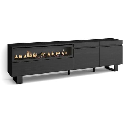 Skraut Home - Mueble TV, Televisión, Muebles de salón, almacenaje, 200x57x35cm, Para TV hasta 80", Chimenea eléctrica, Diseño industrial, Estilo Moderno, Negro