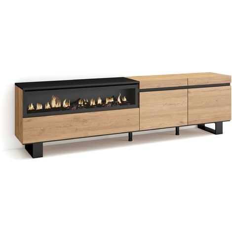 Skraut Home - Mueble TV, Televisión, Muebles de salón, almacenaje, 200x57x35cm, Para TV hasta 80", Chimenea eléctrica, Diseño industrial, Estilo Moderno, Roble y negro