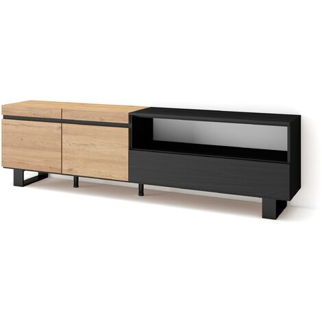 Skraut Home - Mueble TV, Televisión, Muebles de salón, almacenaje, 200x57x35cm, Para TV hasta 80", Diseño industrial, Estilo Moderno, Roble y negro