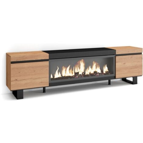 Skraut Home - Mueble TV , Televisión , Muebles de salón, almacenaje , 210 , Para TV hasta 80" , Chimenea eléctrica XXL , Diseño industrial , Estilo Moderno , Roble y negro