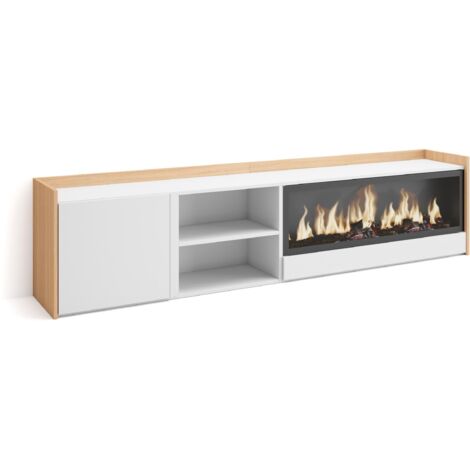 Skraut Home - Mueble TV, Televisión, Muebles de salón, almacenaje, 212x35x50cm, Para TV hasta 80", Chimenea eléctrica XXL, Estilo Moderno, Blanco y roble soft