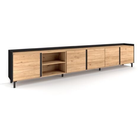 Skraut Home - Mueble TV, Televisión, Muebles de salón, almacenaje, 309x35x61cm, Para TV hasta 80", Diseño industrial, Estilo Moderno, Roble y negro