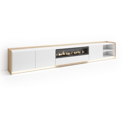 Skraut Home - Mueble TV, Televisión, Muebles de salón, almacenaje, 310x37x50cm, Para TV hasta 80", Chimenea eléctrica, LED, Estilo Moderno, Blanco y roble soft