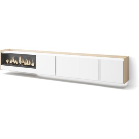 Skraut Home - Mueble TV, Televisión, Muebles de salón, almacenaje, 315x35x50cm, Para TV hasta 80", Chimenea eléctrica XXL, Colgado, Suspendido, LED, Estilo Moderno, Blanco y roble soft