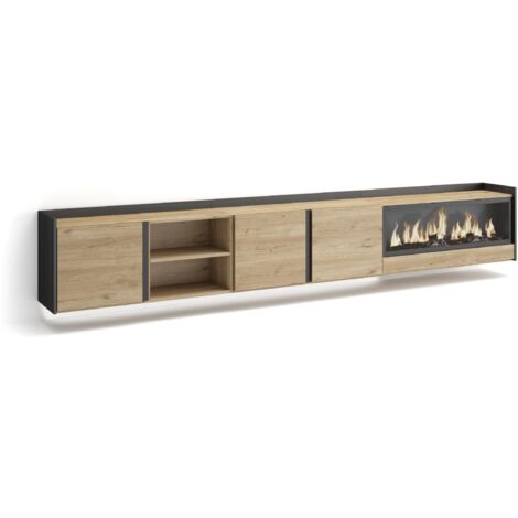 Skraut Home - Mueble TV, Televisión, Muebles de salón, almacenaje, 315x35x50cm, Para TV hasta 80", Chimenea eléctrica XXL, Colgado, Suspendido, LED, Estilo Moderno, Roble y negro