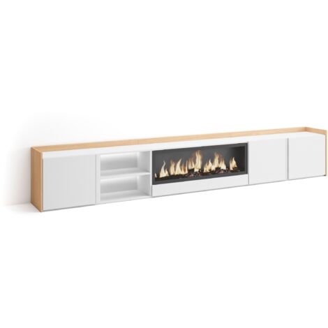 Skraut Home - Mueble TV, Televisión, Muebles de salón, almacenaje, 315x35x50cm, Para TV hasta 80", Chimenea eléctrica XXL, LED, Estilo Moderno, Blanco y roble soft