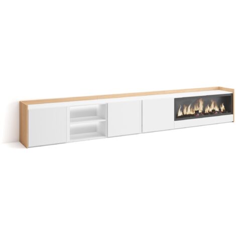 Skraut Home - Mueble TV, Televisión, Muebles de salón, almacenaje, 315x35x50cm, Para TV hasta 80", Chimenea eléctrica XXL, LED, Estilo Moderno, Blanco y roble soft