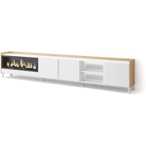 Skraut Home - Mueble TV, Televisión, Muebles de salón, almacenaje, 315x35x61cm, Para TV hasta 80", Chimenea eléctrica XXL, Diseño industrial, LED, Estilo Moderno, Blanco y roble soft