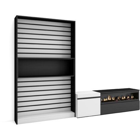 Skraut Home - Muebles de Salón para TV, Conjunto de muebles comedor, 260x186x35cm, Para TV hasta 65", Chimenea eléctrica, Estilo Moderno, Blanco y negro