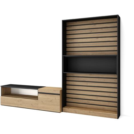 Skraut Home - Muebles de Salón para TV, Conjunto de muebles comedor, 260x186x35cm, Para TV hasta 65", Mueble Televisión, Estilo Moderno, Roble y negro
