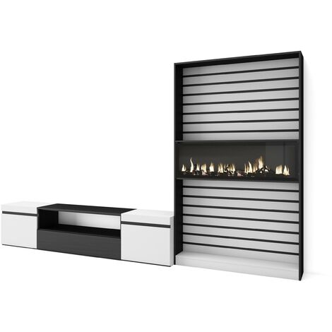 Skraut Home - Muebles de Salón para TV, Conjunto de muebles comedor, 310x186x35cm, Para TV hasta 80", Chimenea eléctrica, Estilo Moderno, Blanco y negro
