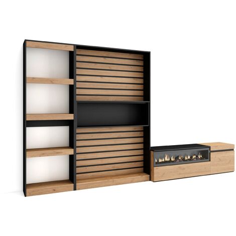 Skraut Home - Muebles de Salón para TV, Conjunto de muebles comedor, 320x186x35cm, Chimenea eléctrica, Estilo Moderno, Roble y negro