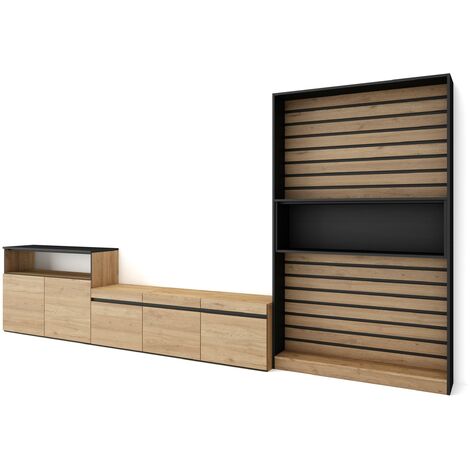 Skraut Home - Muebles de Salón para TV, Conjunto de muebles comedor, 360x186x35cm, Para TV hasta 65", Mueble Televisión, Estilo Moderno, Roble y negro