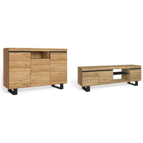 Skraut Home - Natürliches Esszimmer-Set, Beistellmöbel, Sideboard, TV-Möbel, 140 cm, Eiche Nordic, Schwarz