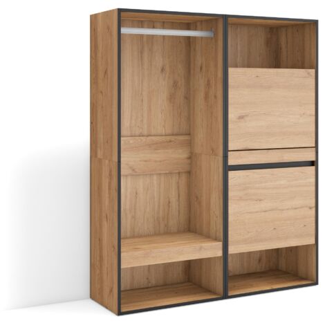 Skraut Home - Offener Kleiderschrank, Kleidung, Schuhe, 120x145x35 cm, Für Schlafzimmer, Zimmer, Schuhschrank, Moderner Stil, Eiche