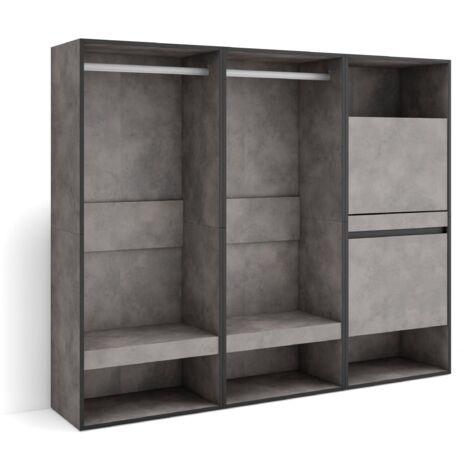 Skraut Home - Offener Kleiderschrank, Kleidung, Schuhe, 180x145x35 cm, Für Schlafzimmer, Zimmer, Schuhschrank, Moderner Stil, Zementgrau