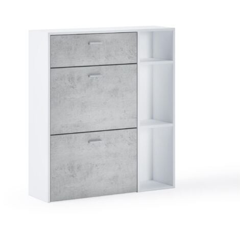 Skraut Home - Portascarpe WIND, struttura colore BIANCO OPACO, colore Grigio Cemento sulle 2 porte basculanti e sul cassetto, misura 90x26x101,5cm di altezza.