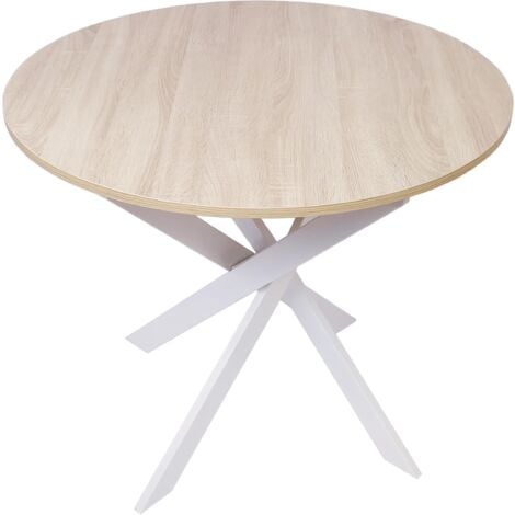 Skraut Home - Runder fester Esstisch, Modell ZEN, Wohnzimmer, 90 x 90 x 77 cm, Kapazität für 4 Personen, Widerstandsfähige Materialien, Farbe Eiche, Beine aus Metall weiß matt lackiert