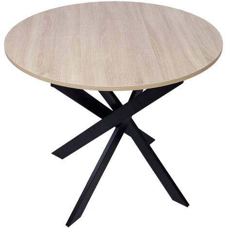 Skraut Home - Runder fester Esstisch, Modell ZEN, Wohnzimmer, 90 x 90 x 77 cm, Kapazität für 4 Personen, Widerstandsfähige Materialien, Farbe Eiche, Matt Schwarze Metallbeine lackiert