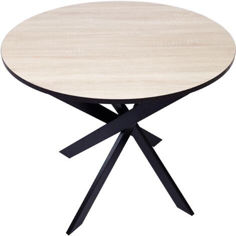 Skraut Home - Runder fester Esstisch, Modell ZEN, Wohnzimmer, 90x90x77 cm, Kapazität für 4 Personen, Widerstandsfähige Materialien, Farbe Eiche und Schwarz, Matt Schwarze Metallbeine lackiert